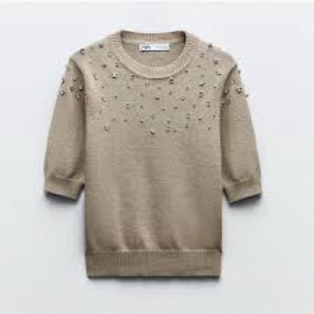 Zara Taupe Embellished Knit Top